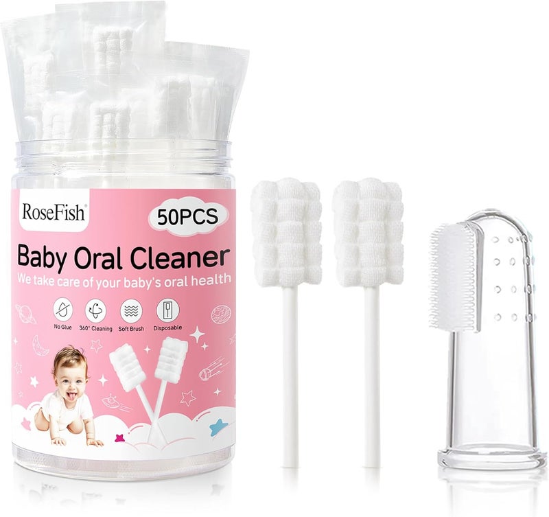 RoseFish 50Pcs Baby Tongue Cleaner for 0-36 Month No Glue Disposable Baby Mouth Oral Cleaner Infant Toothbrush Gum Cleaner 3D Soft Infant Tongue Cleaner+1PCS Finger Toothbrush - Image 1